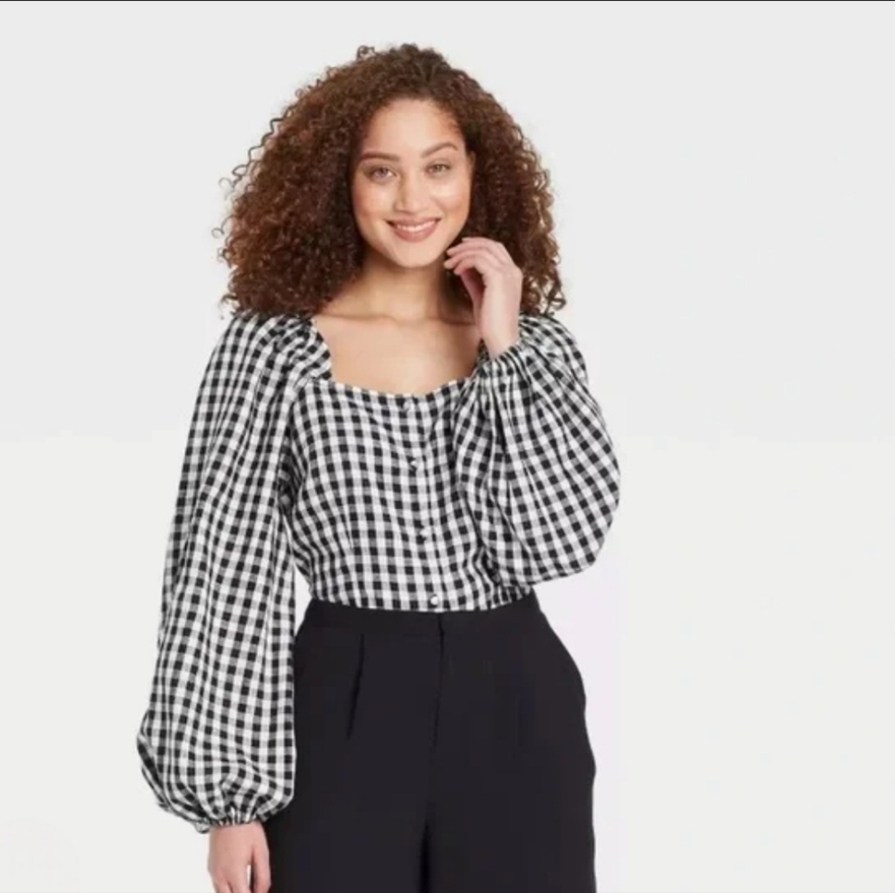 Who What Wear Linen Rayon Blend Cropped Checkered Puff Balloon Sleeve Blouse Lrg